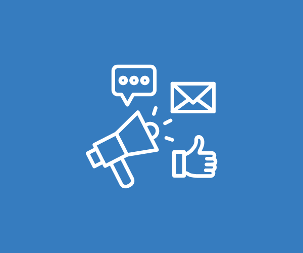 Icon of a megaphone, speech bubble, envelope and thumbs up hand gesture